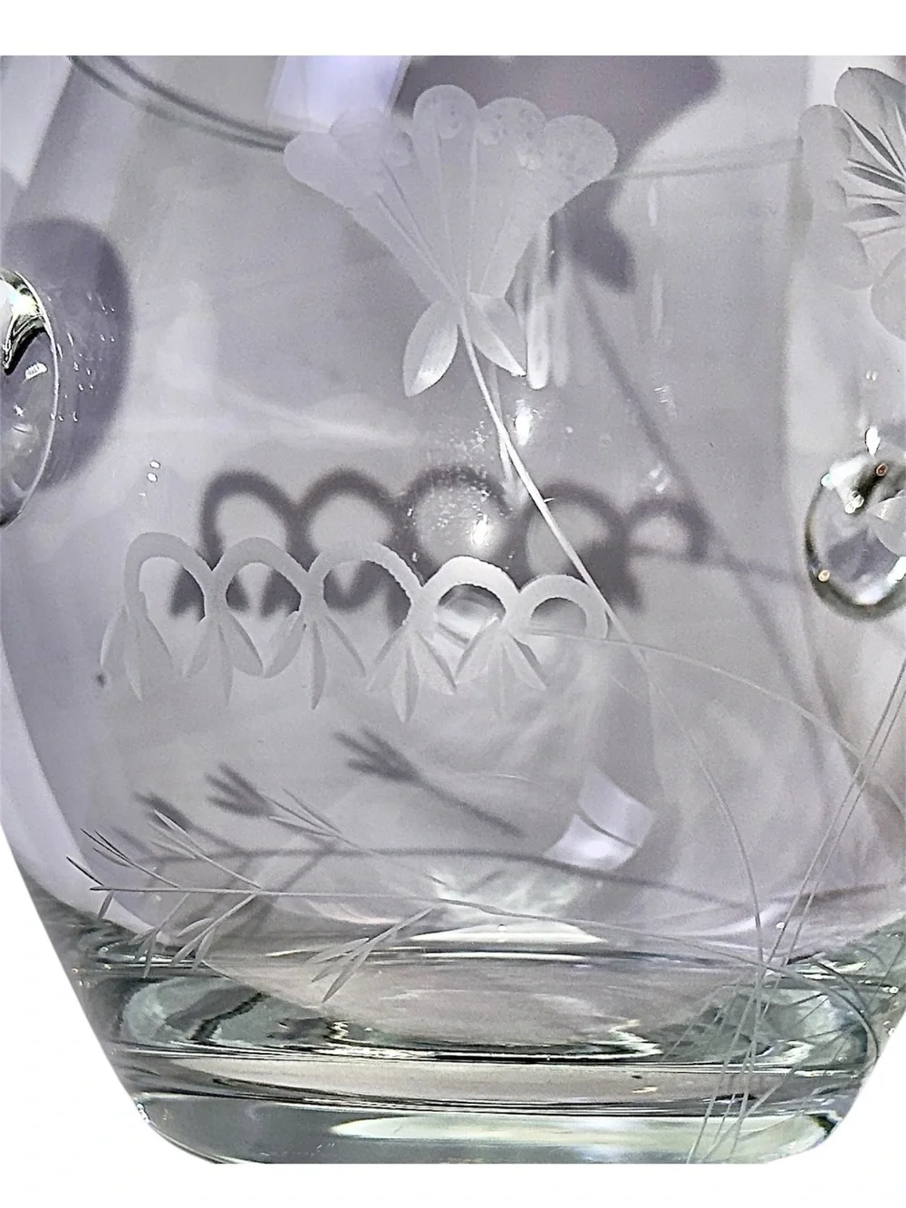 Vintage Hand Blown Etched Floral Art Glass Ice Bucket Wine Bottle Holder Handles